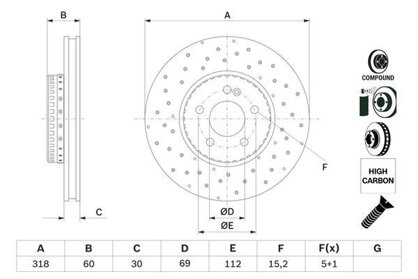 BOSCH 0986479H37 FREN DISKI ON MERCEDES C-CLASS W205 S205 C205 A205 A0004212112 ürün görseli 1