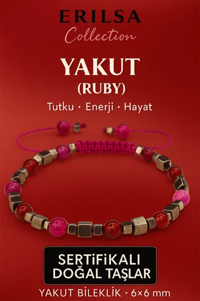 Sertifikalı Doğal Terahertz - Yakut (Ruby) Taşı Bileklik 6x6 mm - Tutku ve Enerji Hayat Taşı