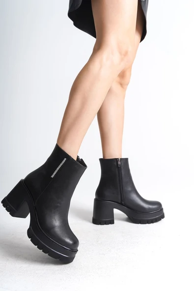 LISSE Fermuarlı Ortopedik Taban Kalın Topuklu Kadın Bot CST - Siyah - Resim 2