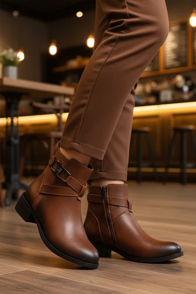 Aspor Taba Zümrüt İçi Kürklü Fermuarlı Kadın Topuklu Bot - Resim 3