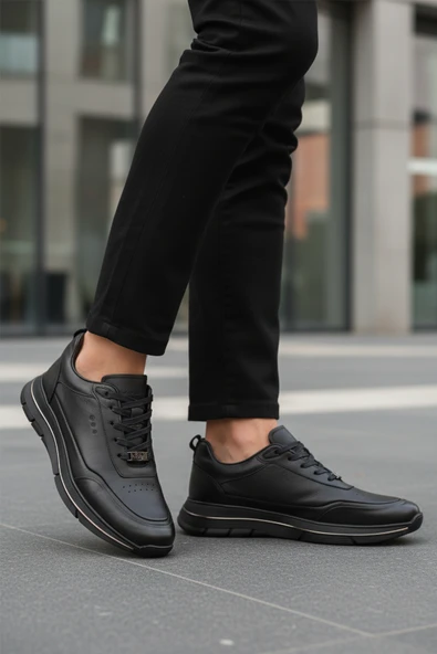 Marcomen Siyah Hakiki Deri Bağcıklı Erkek Sneaker - Resim 3
