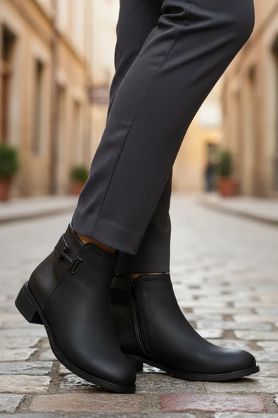 Aspor Siyah Zümrüt Fermuarlı Kürklü Kadın Topuklu Bot - Resim 3