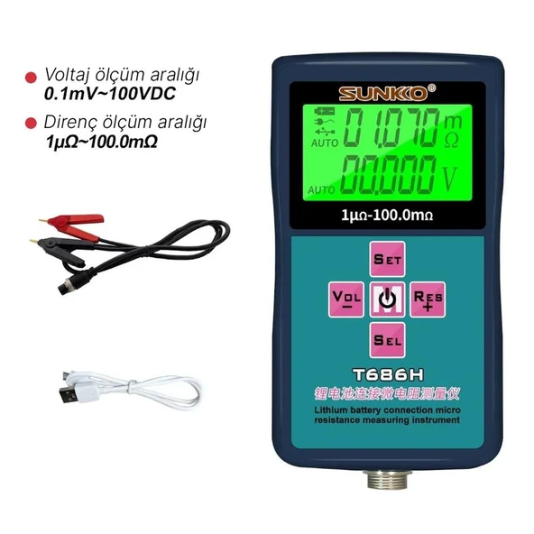 Sunkko T686H Hassas Pil İç Direnç ve Voltaj Test Cihazı 0-100V 0-100 Ohm Şarj Edilebilir Pil Ölçüm Test Cihazı - 3