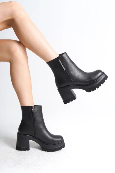 LISSE Fermuarlı Ortopedik Taban Kalın Topuklu Kadın Bot CST - Siyah - Resim 3