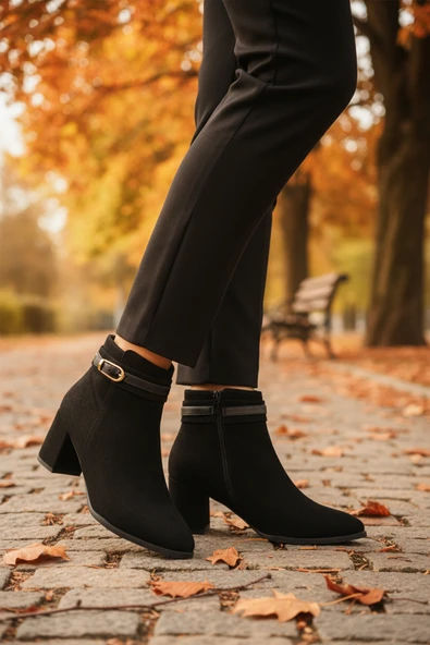 Aspor Siyah Süet Fermuarlı İçi Kürklü Kadın Topuklu Bot - Resim 3