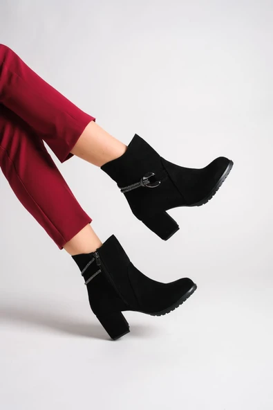 EDNA Fermuarlı Ortopedik Taban Taşlı Topuklu Süet Kadın Bot SST - Siyah - Resim 3