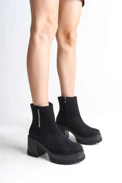 LISSE Fermuarlı Ortopedik Taban Kalın Topuklu Süet Kadın Bot SST - Siyah ürün görseli