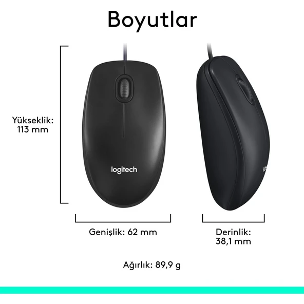 Logitech M100 Kablolu 1000 DPI USB Mouse - Siyah - Resim 7