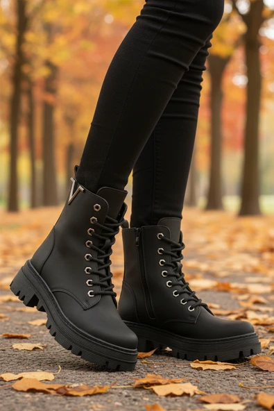 Aspor Siyah Zümrüt Bağcıklı Fermuarlı Kadın Worker Bot - 3