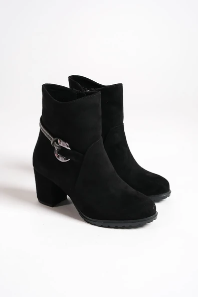 EDNA Fermuarlı Ortopedik Taban Taşlı Topuklu Süet Kadın Bot SST - Siyah - Resim 4