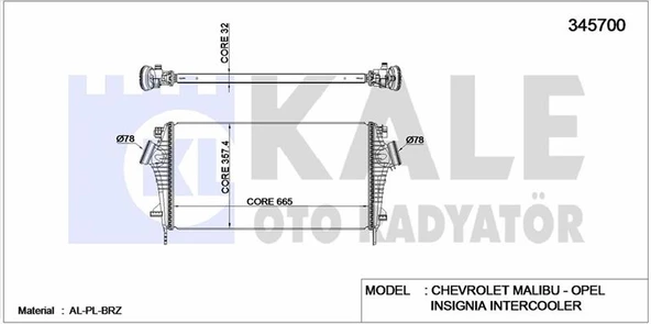 Opel İntercooler İnsignia Malıbu 665×361,7×32 - Kale 345700 ürün görseli