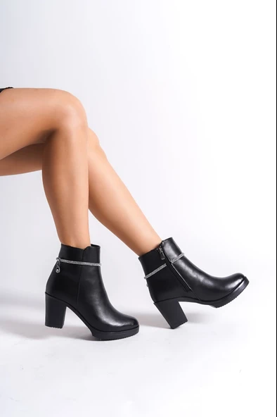 ARIA Fermuarlı Ortopedik Taban Taşlı Topuklu Kadın Bot CST - Siyah - Resim 3