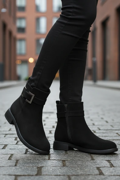 Aspor Siyah Süet Fermuarlı İçi Polarlı Kadın Topuklu Bot - Resim 3