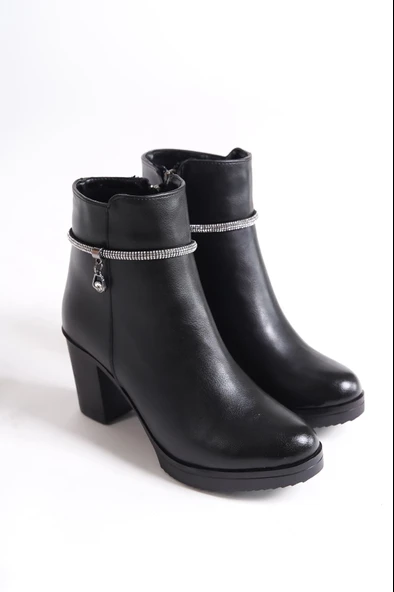 ARIA Fermuarlı Ortopedik Taban Taşlı Topuklu Kadın Bot CST - Siyah - Resim 4