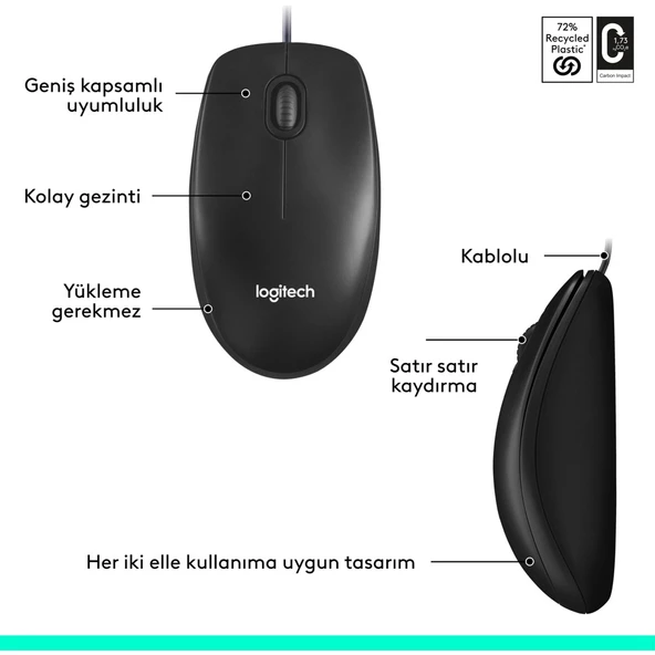 Logitech M100 Kablolu 1000 DPI USB Mouse - Siyah - Resim 6