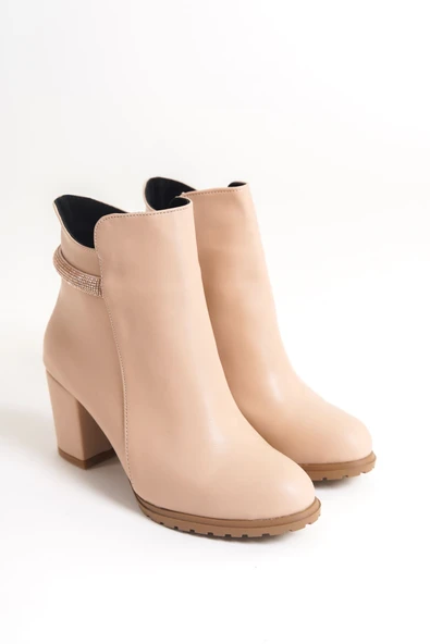 LIA Fermuarlı Ortopedik Taban Taşlı Topuklu Kadın Bot CTT - Ten - Resim 4