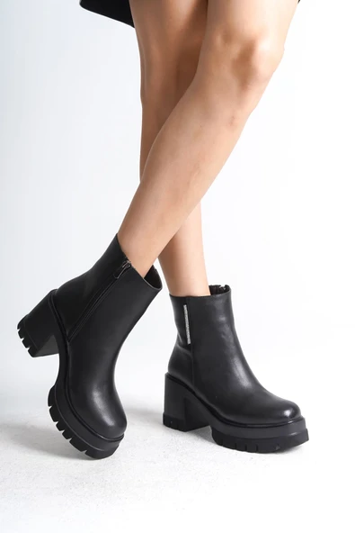 LISSE Fermuarlı Ortopedik Taban Kalın Topuklu Kadın Bot CST - Siyah ürün görseli