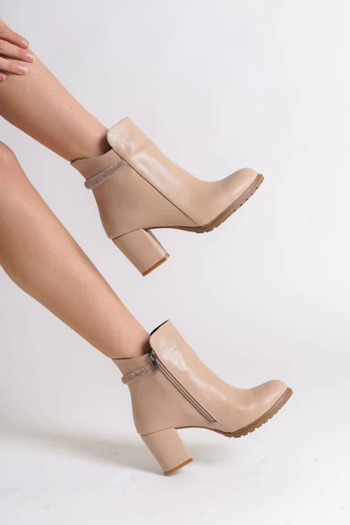 LIA Fermuarlı Ortopedik Taban Taşlı Topuklu Kadın Bot CTT - Ten - Resim 3