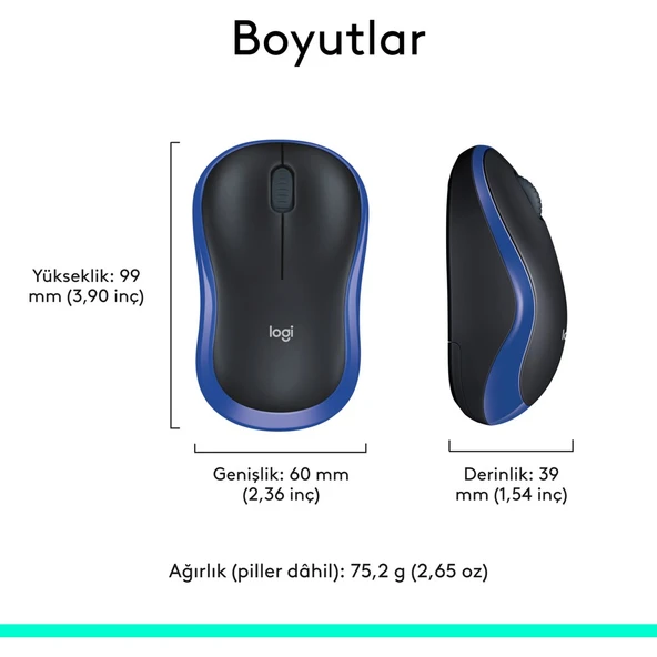 Logitech M185 USB Alıcılı Kompakt Kablosuz Mouse - Mavi - Resim 7