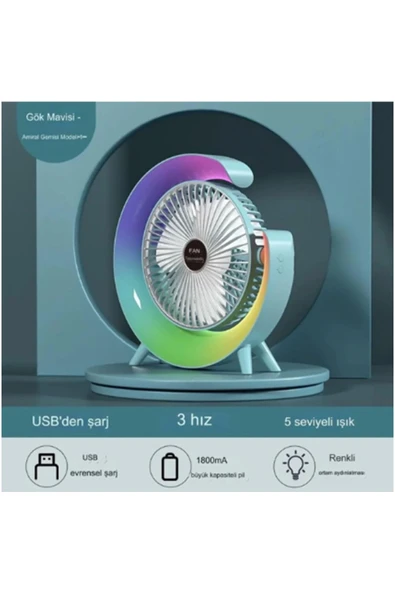 Masaüstü Vantilatör Usb Şarjlı Rgb Led Işıklı 3 Kademeli 180° Ayarlanabilir Soğutucu Fan Mavi ürün görseli 1