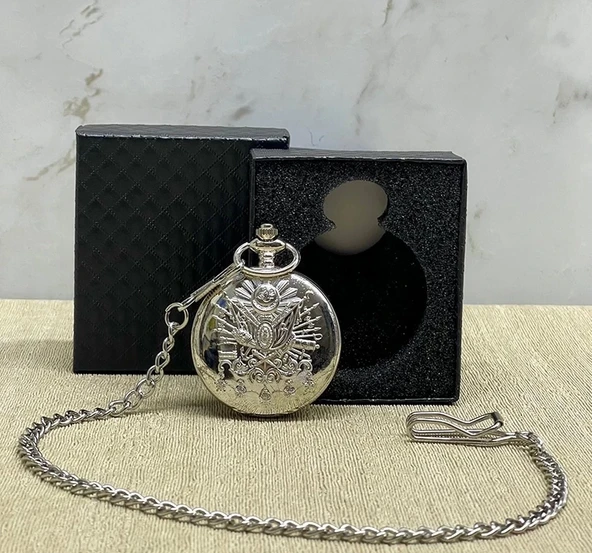 Özel Kutulu Osmanlı Devlet Arması Gümüş Köstekli Saat Alk4665 ürün görseli
