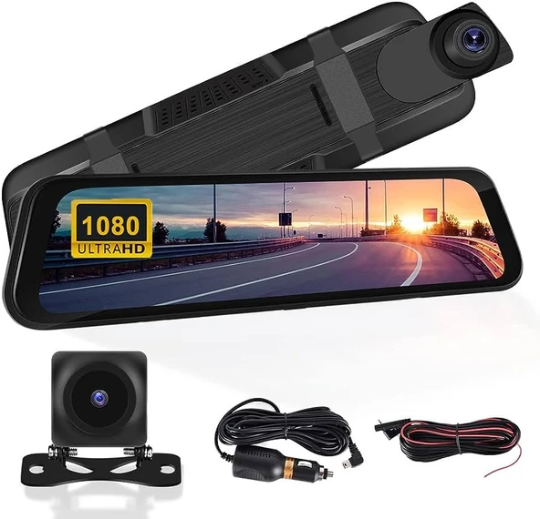 1080P Full HD 9.66” Dokunmatik Çift Kameralı WiFi CarPlay Dikiz Aynası Araç Kamerası
