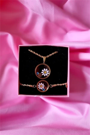 Kadın Çelik Papatya Modelli Kolye Bileklik Set - 2