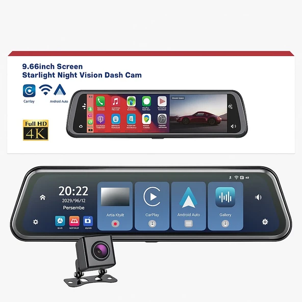 1080P Full HD 9.66” Dokunmatik Çift Kameralı WiFi CarPlay Dikiz Aynası Araç Kamerası - 6