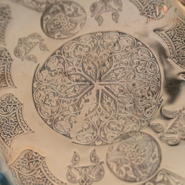DMT Gaziantep Bakır 34,5 cm Osmanlı El İşi Sunum tepsi Kına tepsisi 34.5cmx21.5cm - Resim 5