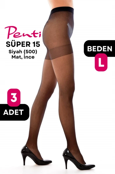 Penti Süper 15 Den Mat İnce Külotlu Çorap Siyah (500) -  3 Numara Large 3 Adet