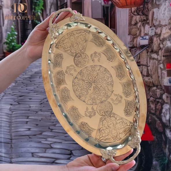 DMT Gaziantep Bakır 34,5 cm Osmanlı El İşi Sunum tepsi Kına tepsisi 34.5cmx21.5cm ürün görseli