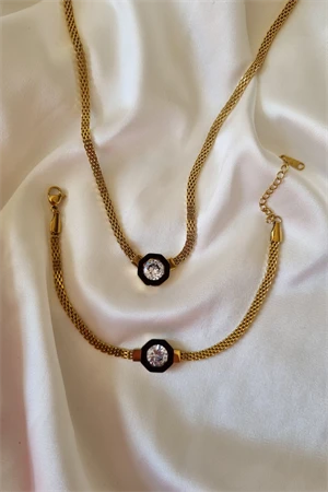 316L Çelik Gold Renk Ezme Zincir Zirkon Taşlı Mineli Serenay Kolye Bileklik Set - 3