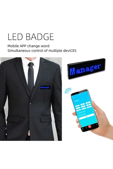 Matrix Kayan Led Yaka Rozeti Mobil Kontrollü Dijital Etiket 9×3cm - Resim 2