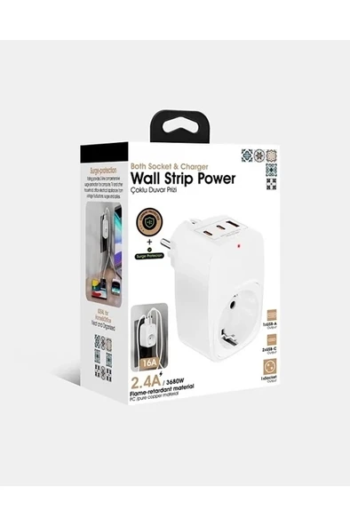 Tekli Yüksek Voltaj Korumalı Duvar Prizi 2x Type-c 1x Usb Çıkışlı Priz Grup Priz Çoğaltıcı Beyaz - Resim 4