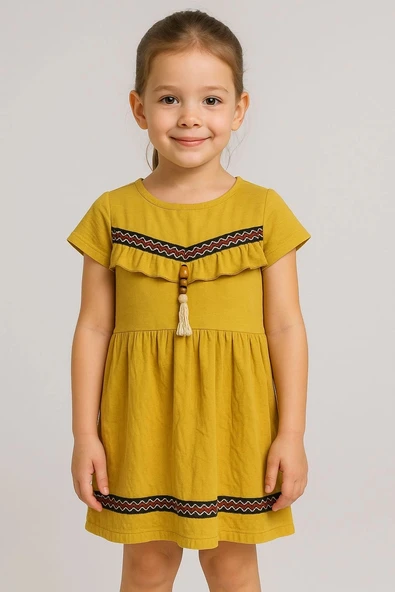 BİÇOMİ Önü püsküllü boncuk detaylı kız çocuk elbisesi hardal ürün görseli