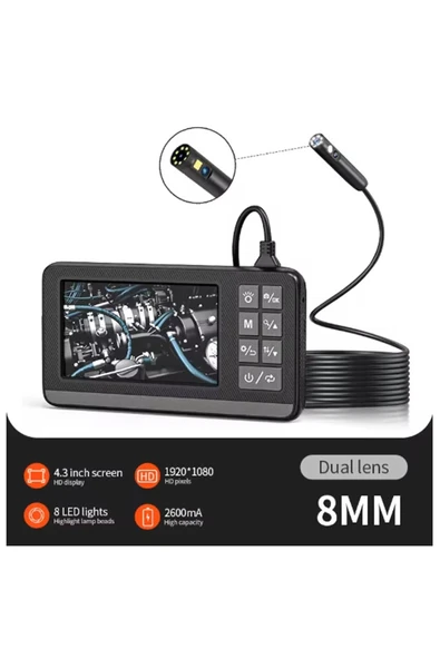 Ekranlı Çift Kameralı 5 Mt Sert Kablo Endoskop Kamera 8 Mm 4.3 Inc Hafıza Kart Destekli - Resim 2