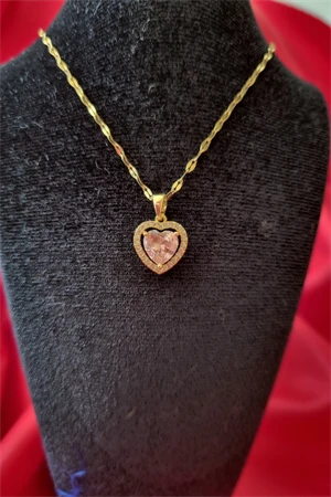 Çelik Pembe Kalpli Kadın Kolye - 2