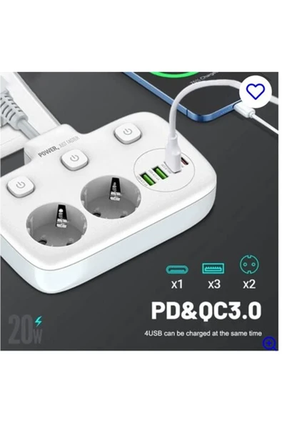 Akım Korumalı 2’li Ayrı Anahtarlı Priz, 2x Priz, 3x Usb, 1x Type-c, 2 Mt Kablo, Hızlı Şarj - Resim 2