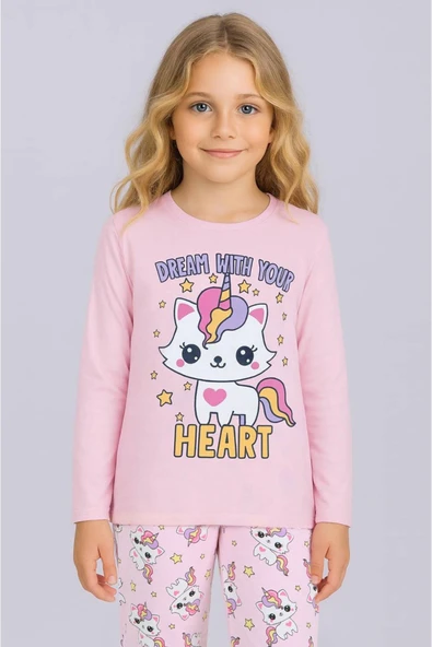 Kız Çocuk Baskılı Uzun Kollu %100 Pamuklu Pijama Takımı