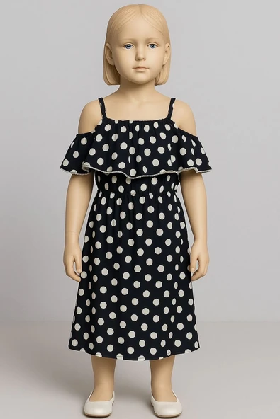 BİÇOMİ Puantiyeli askılı prenses elbise kız çocuk lacivert ürün görseli