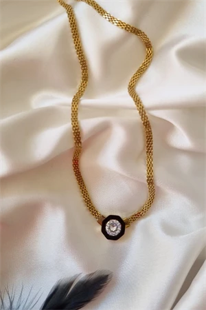 316L Çelik Gold Renk Ezme Zincir Zirkon Taşlı Mineli Serenay Kolye Bileklik Set - 2