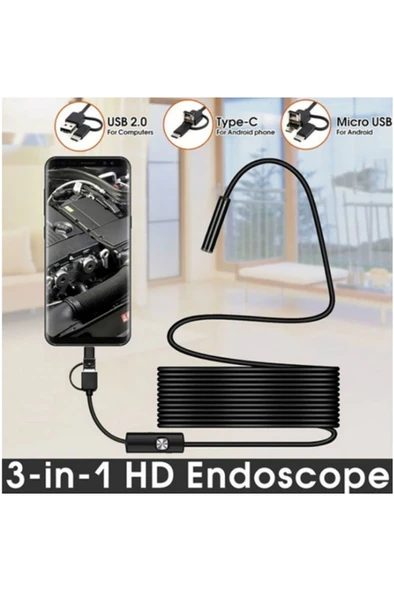 Endoskop 3 İn 1 Yılan Kamera Usb Micro Usb Type-c 20 Metre Sert Kablo - Resim 4