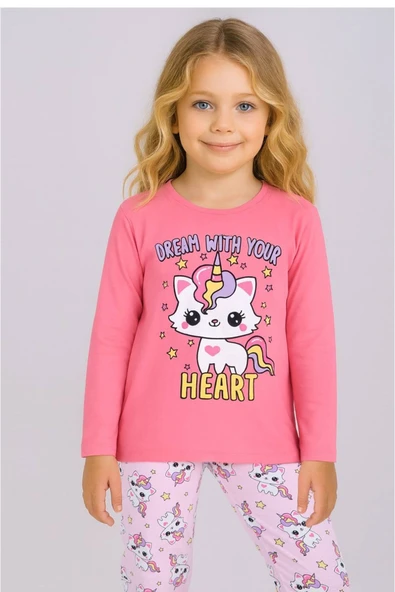 Kız Çocuk Baskılı Uzun Kollu %100 Pamuklu Pijama Takımı 5/8 Yaş