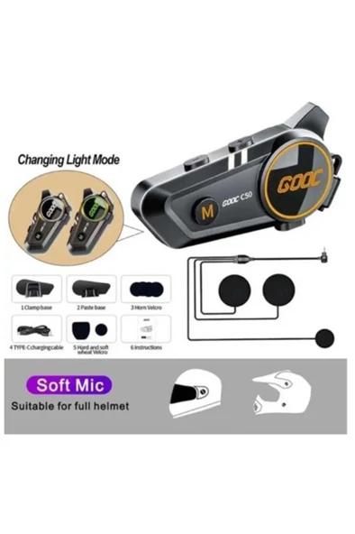 C50 Motosiklet Intercom Kask Kulaklık 1000 Mah Rgb Işıklı Bluetooth Kulaklık Ip67 - Resim 4