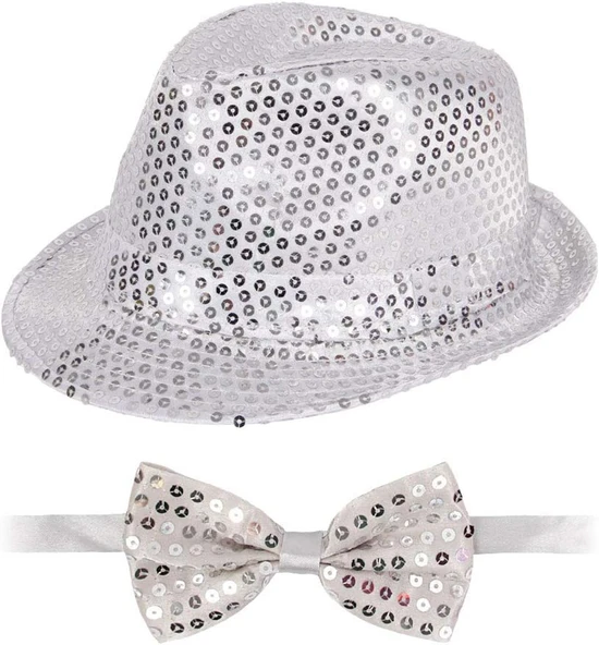 Gümüş Payetli Şapka ve Papyon Seti - Parıltılı Yetişkin Kostüm Seti ürün görseli 1