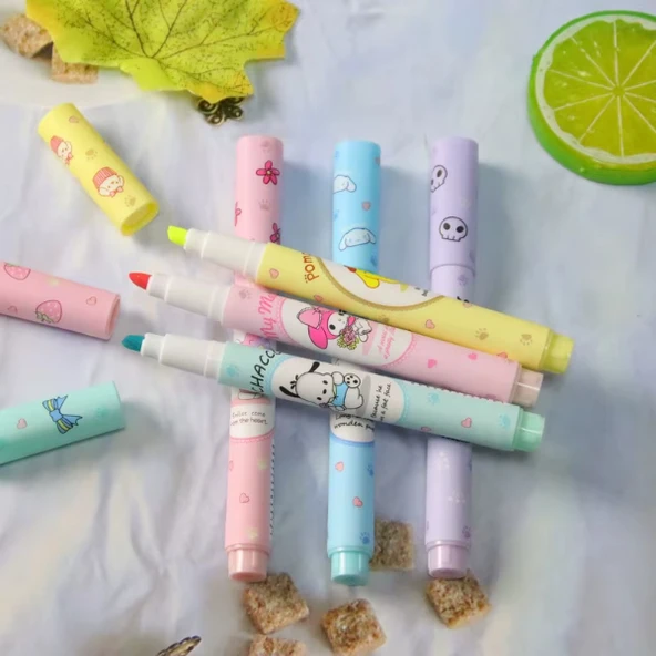 6'lı Fosforlu Kalem Seti - Sanrio Karakterleri, Kuromi, Hello Kitty - Resim 2