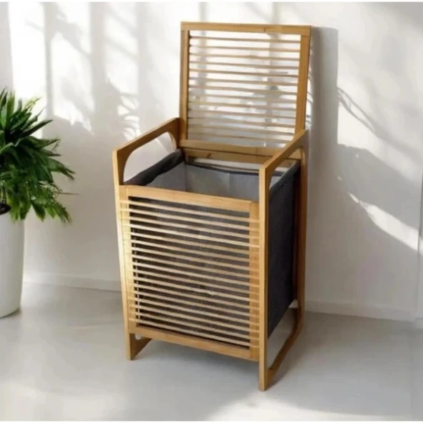 Orta Boy Ahşap Bambu Kirli Sepeti 40x35x60 - Resim 2