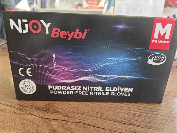 BEYBİ Njoy Pudrasız Siyah Nitril Eldiveni - 100'lük Kutu -M  Beden