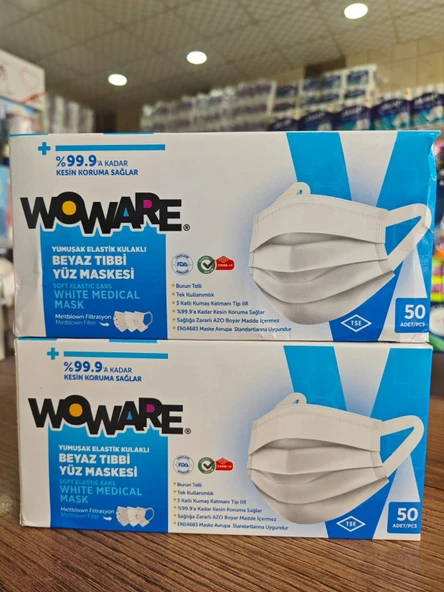Ece Woware Lastikli Telli Cerrahi Yüz Maskesi 50 li Beyaz 2 kutu