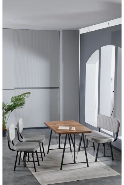 Elfin 70x110 Atlantik Yemek Masası, Yemek Masası Takımı, 2 Sandalye 1 Bench - Gri